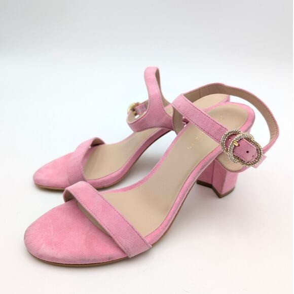 Stuart Weitzman Crystal Buckle 75 Block Heel Sandals Pink Size US6.5 EU37 - Picture 1 of 11